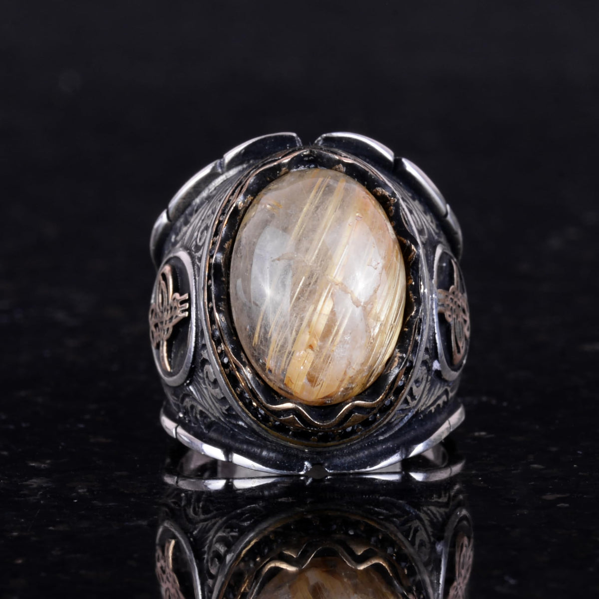 KAMBO Handmade 925 Sterling Silver Men's Ring with Golden Rutilated Quartz Cabochon, Minimalist Ottoman Tugra Design, Vi