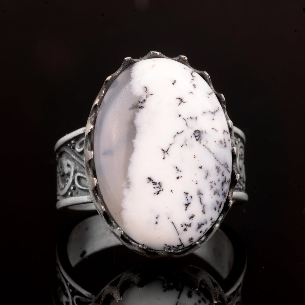 Silver Men's Ring, Dendrite Agate Natural Stone — 6