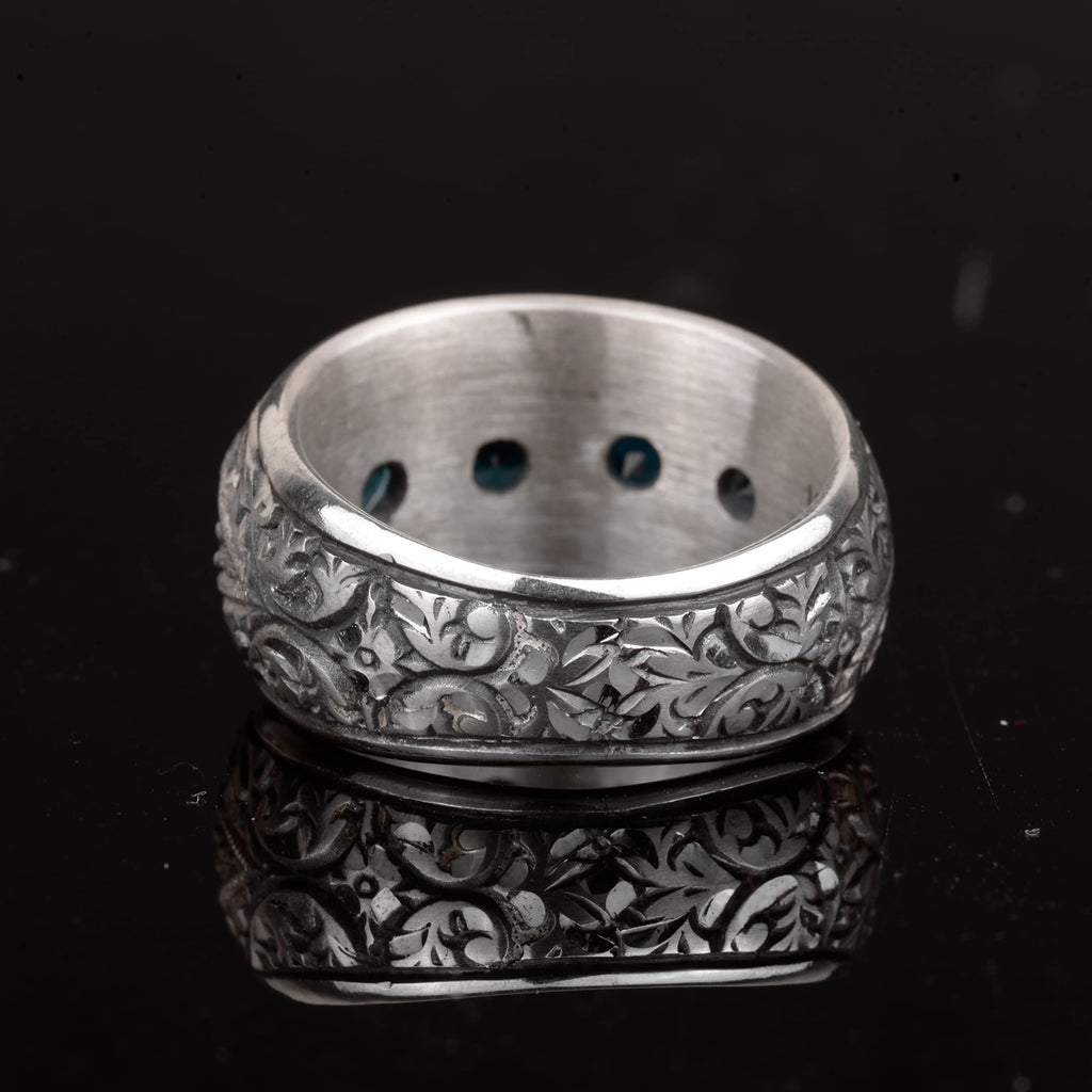 Silver Men's Ring – with Synthetic Blue Topaz Stone, Calligraphic Craftsmanship — 5