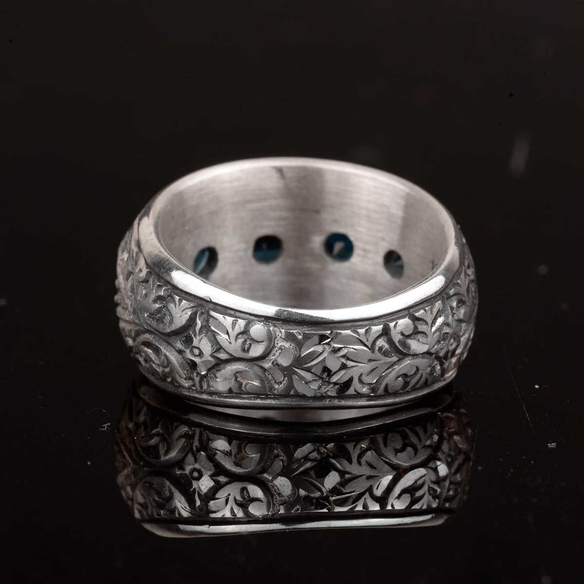 Silver Men's Ring – with Synthetic Blue Topaz Stone, Calligraphic Craftsmanship — 5