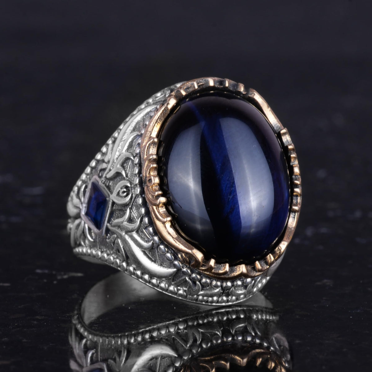 Synthetic Stone Ring - Handmade Men's Ring - Elegant 925 Sterling Silver Men's Ring (Synthetic Blue Cat's Eye) — 5