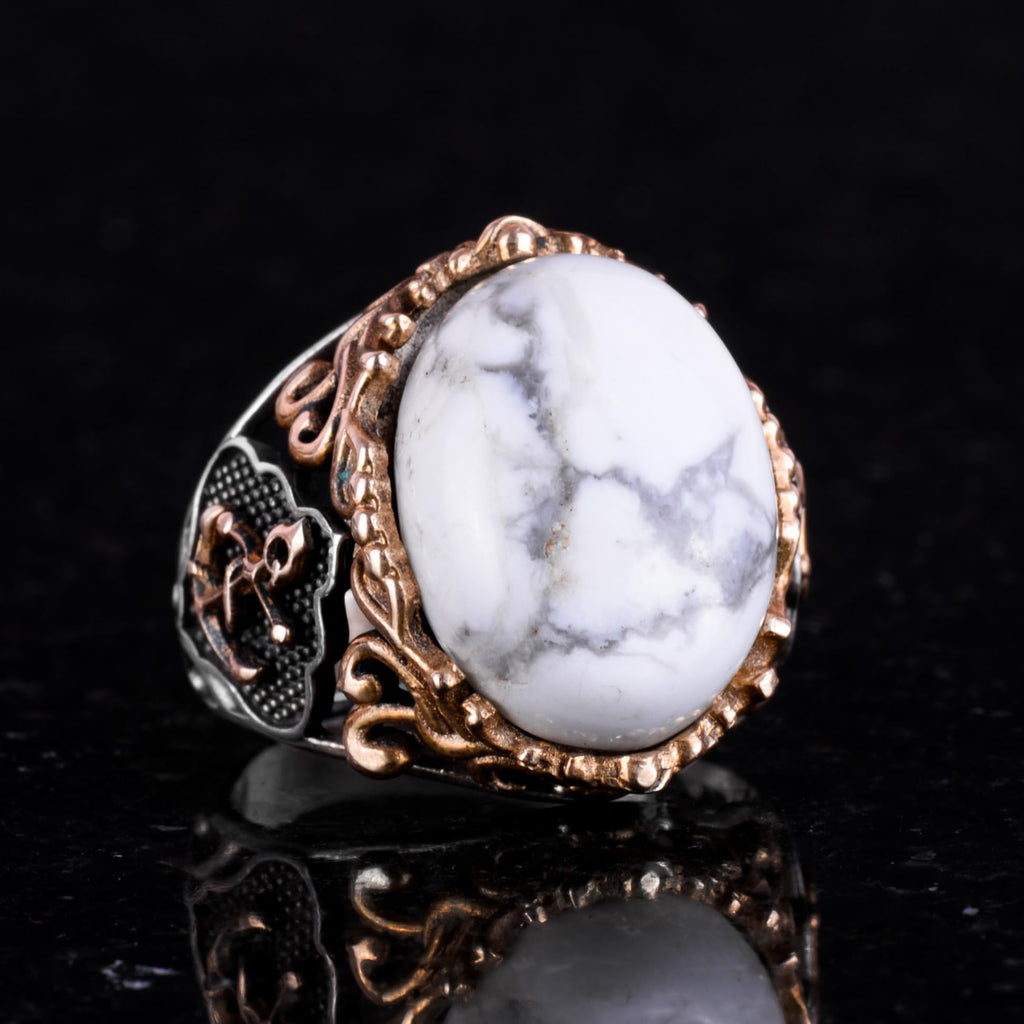 Nautical Anchor Silver Ring, Natural Stone Ring, 925 Sterling Silver Ring (Howlite) — 4