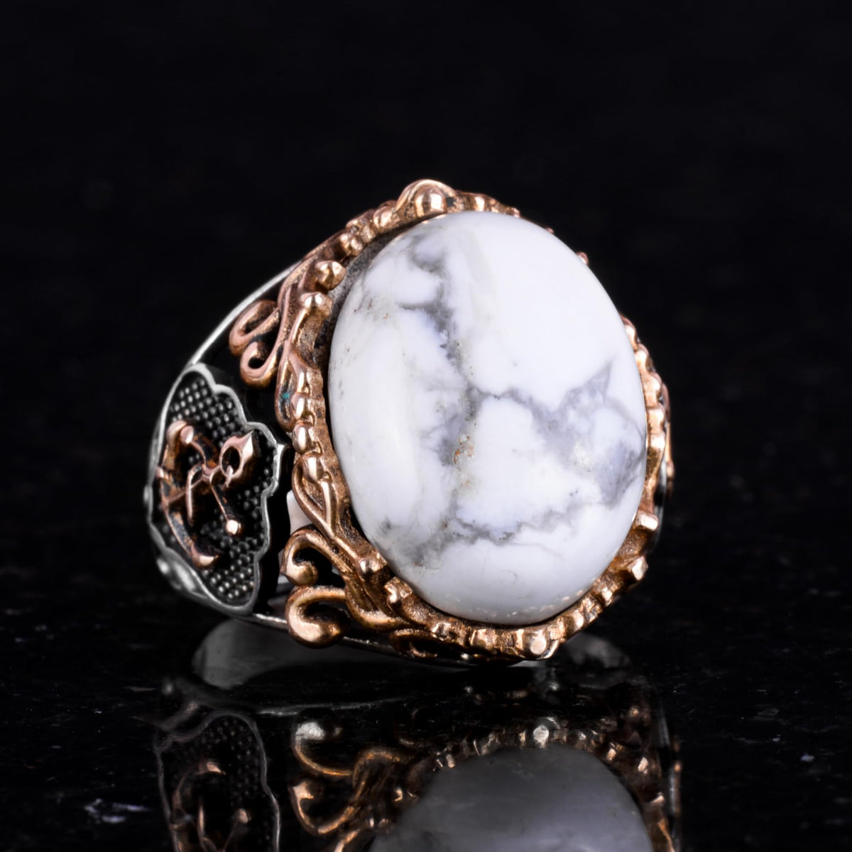 Nautical Anchor Silver Ring, Natural Stone Ring, 925 Sterling Silver Ring (Howlite) — 4