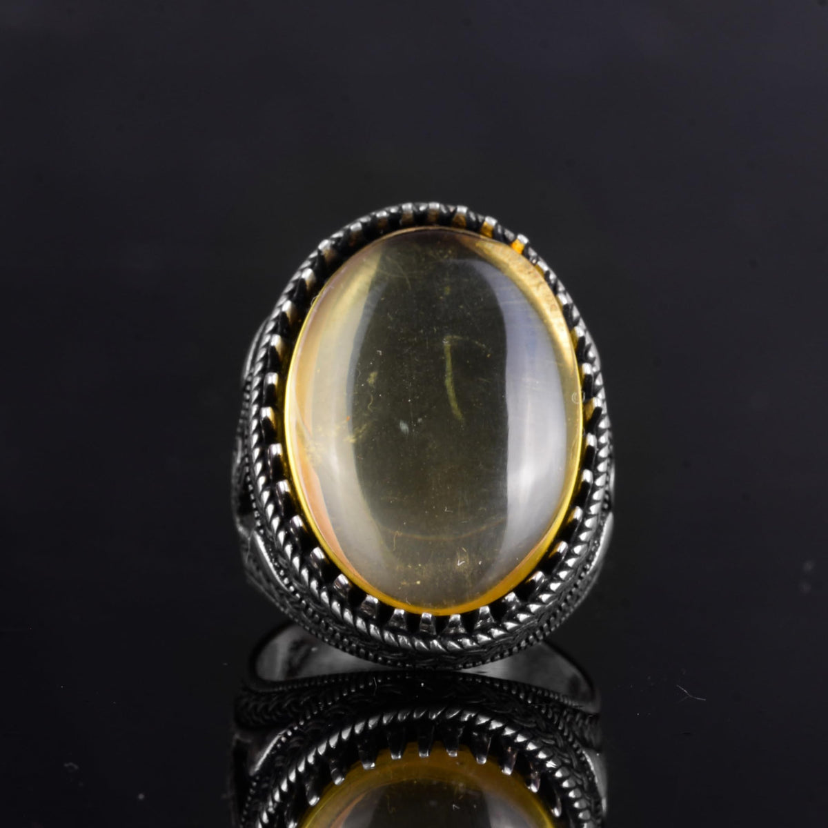KAMBO Ottoman Tugra Design Natural Amber Stone Ring - 925 Sterling Silver Handmade Men's Ring — 4