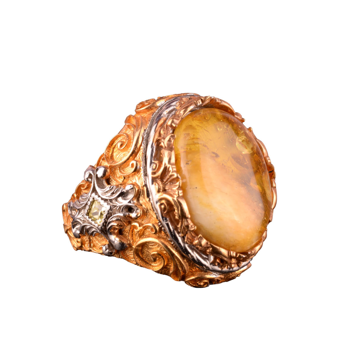925 Sterling Silver Natural Amber Stone Men's Ring - Handcrafted Vintage Style Jewelry