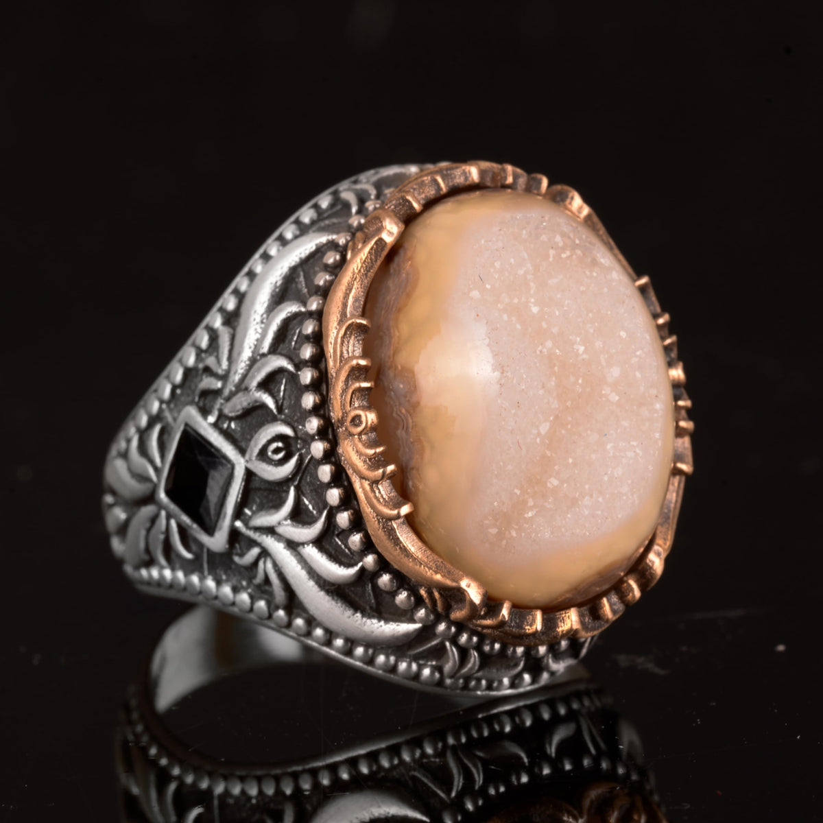 Vintage Men's 925 Sterling Silver Ring - Druzy Quartz (Beige) — 5