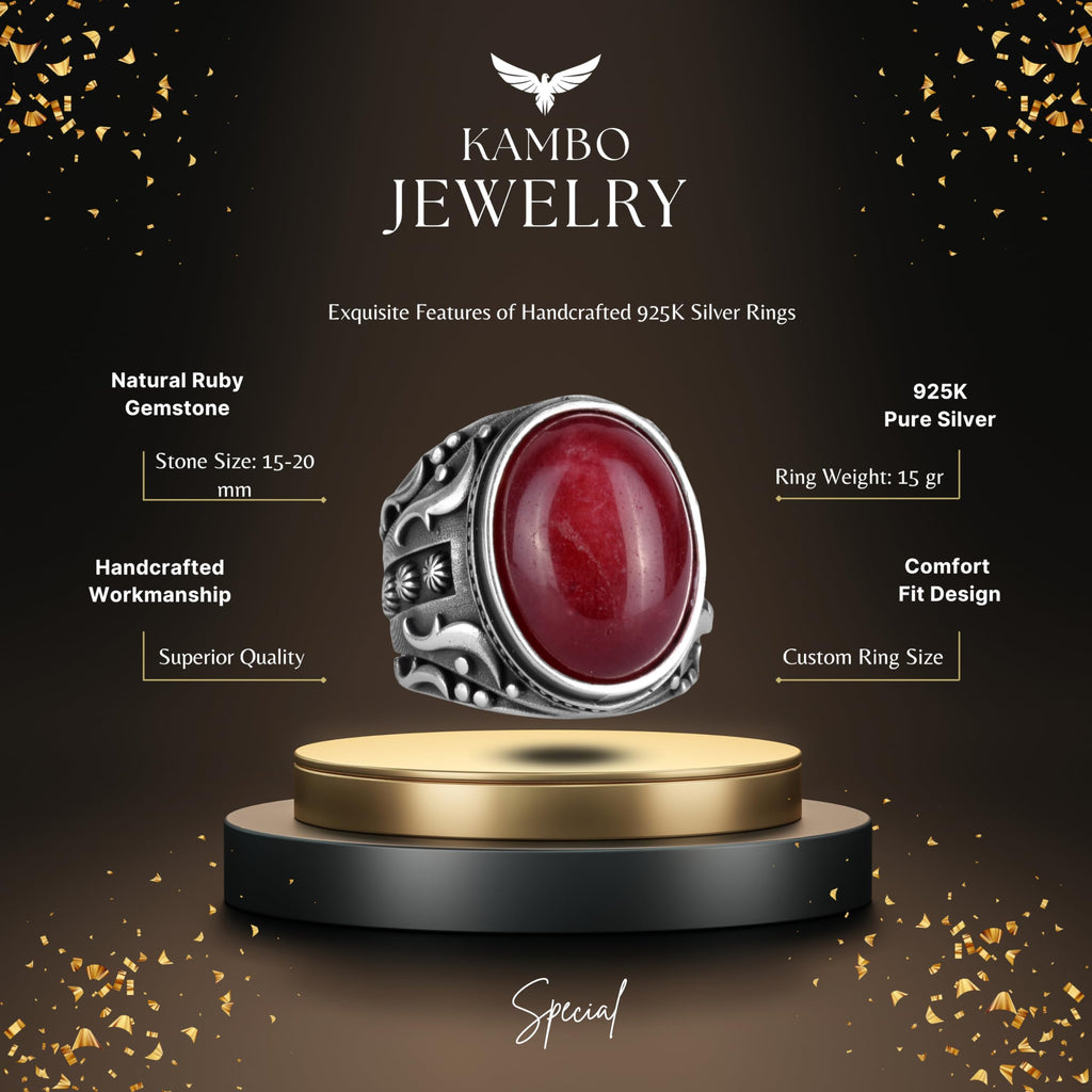 KAMBO 925 Sterling Silver Ring, Natural Cabochon Ruby Gemstone Ring — 2