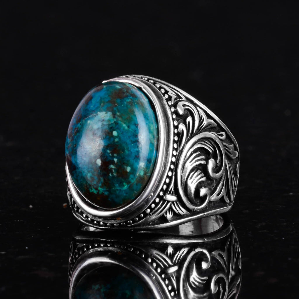 Natural Cryoscolite Stone Ring, 925 Sterling Silver Men's Ring — 4