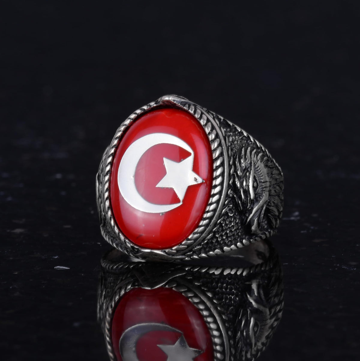 Men's Crescent and Star Eagle Ring - 925 Sterling Silver Ring - Crescent and Star Design - Turkish Crescent and Star Flag Eagle Design Ring (Red) — 6