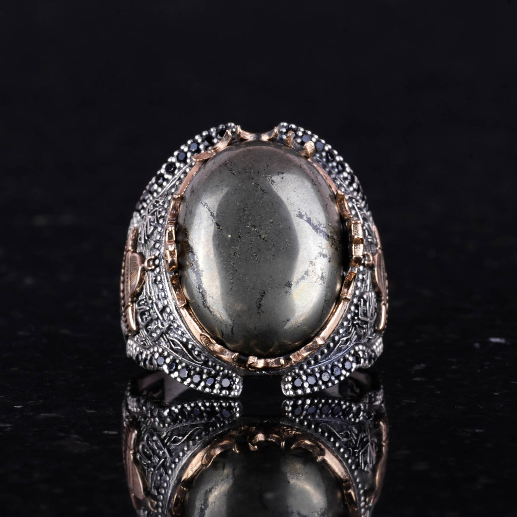 Natural Pyrite Stone Ring, 925 Sterling Silver Men's Ring (Model-2) — 3