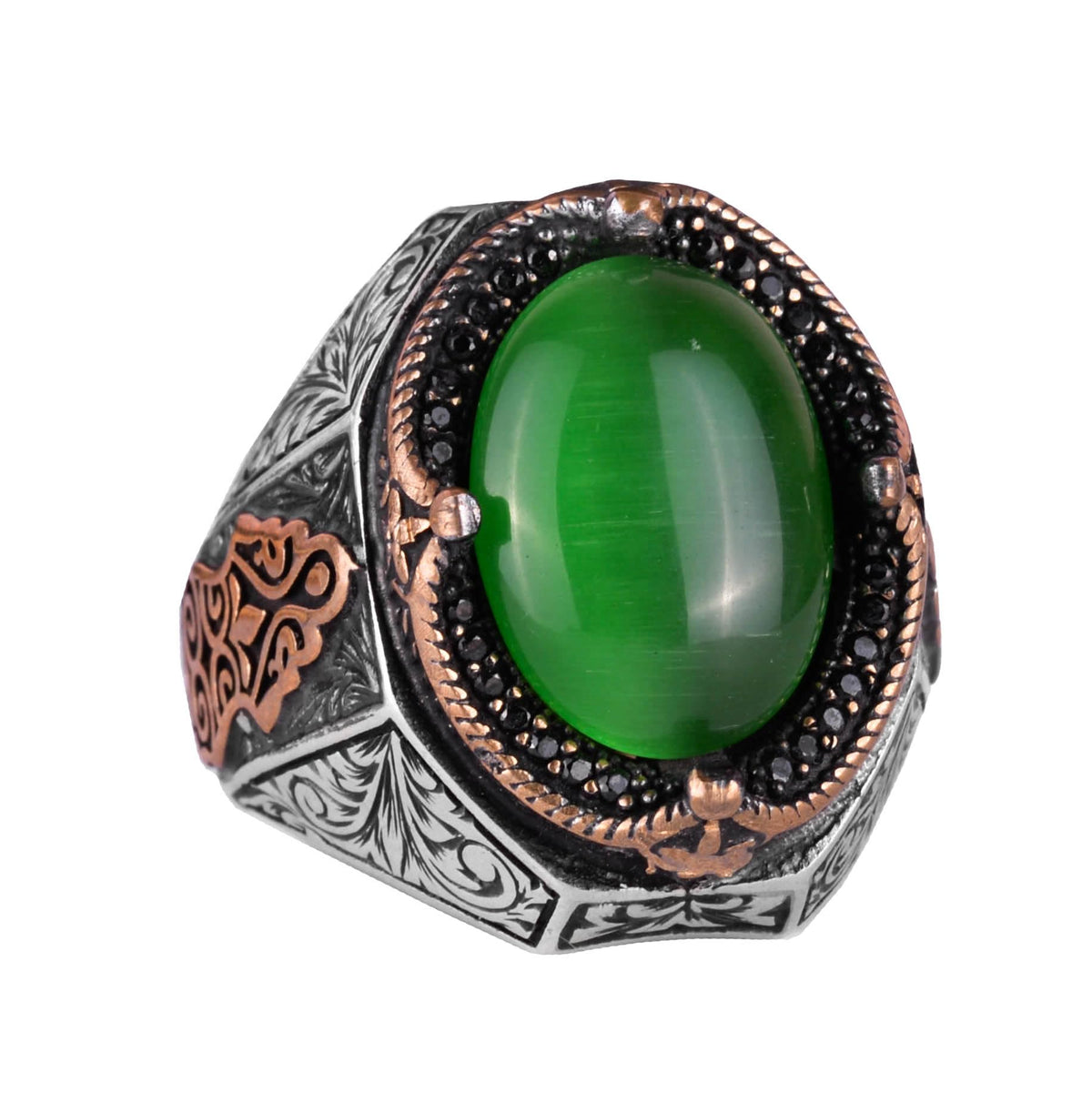 925 Sterling Silver Ring, Green Cat's Eye Stone Ring, Designer Silver Men's Ring