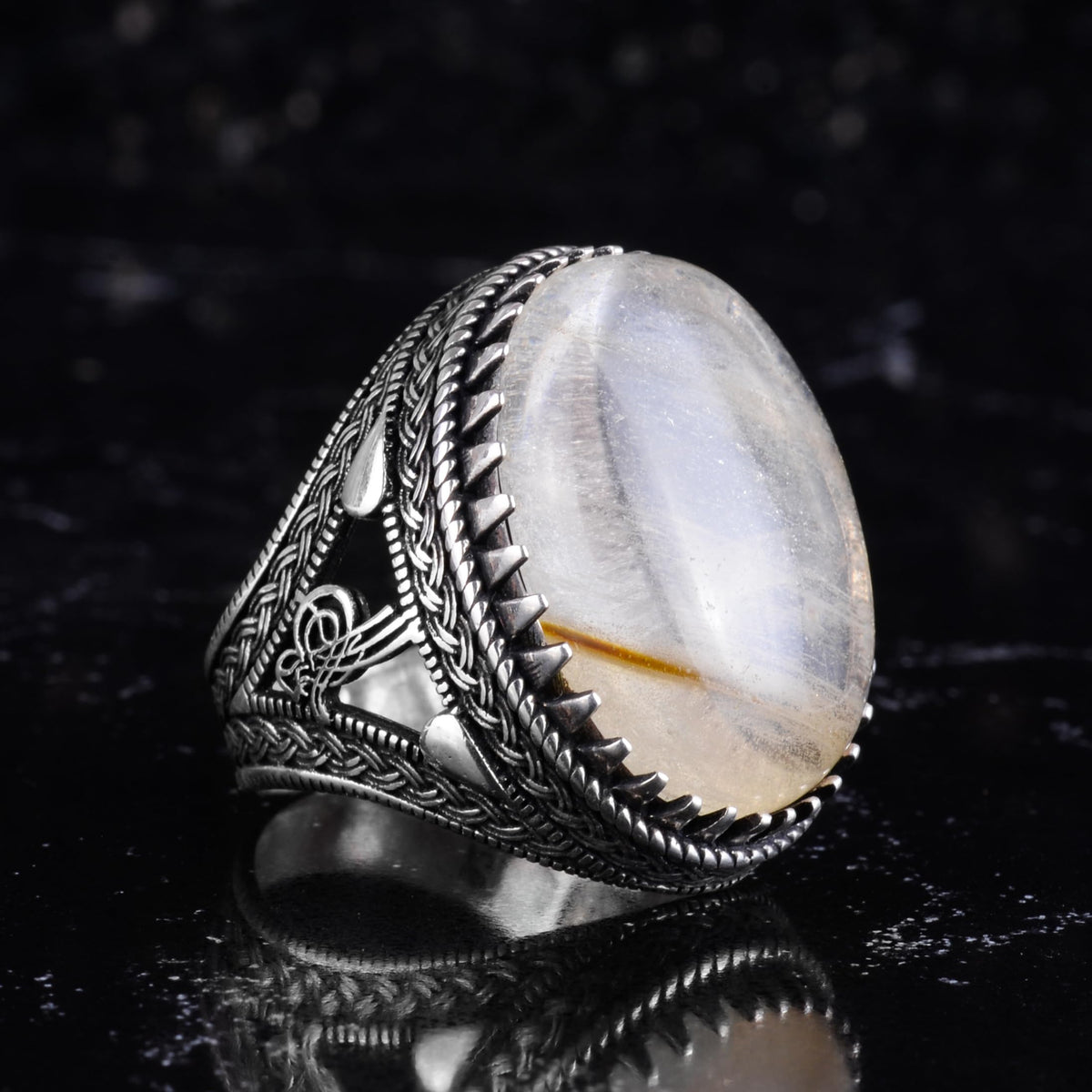 KAMBO Men's Natural Stone Ring – 925 Sterling Silver Large Statement Ring – Handmade Ottoman Pattern Jewelry (Rutilated Quartz-2) — 4