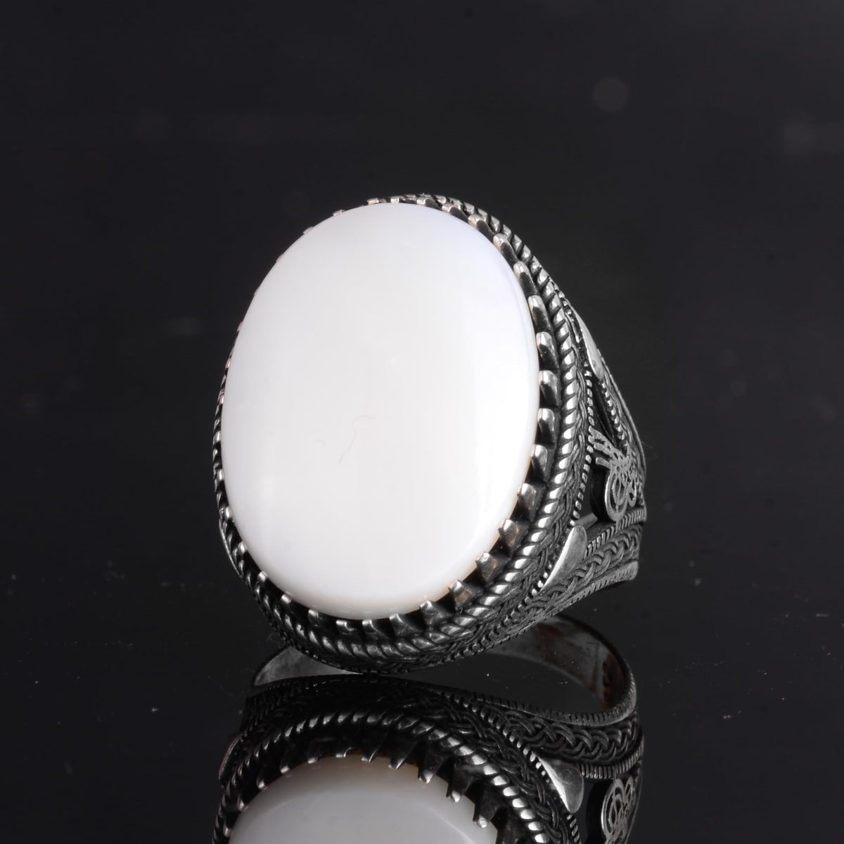 KAMBO Natural Pearl Oval Men's Ring – 925 Sterling Silver Ottoman Tugra Symbol Jewelry – Handmade White Stone Expression Accessory — 5