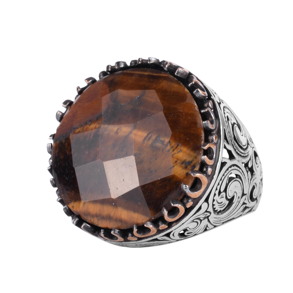 KAMBO Natural Stone Round Large Men's Ring – 925 Sterling Silver Handmade Ring – Statement Ring – Vintage Ottoman Style Men's Jewelry (Tiger's Eye)