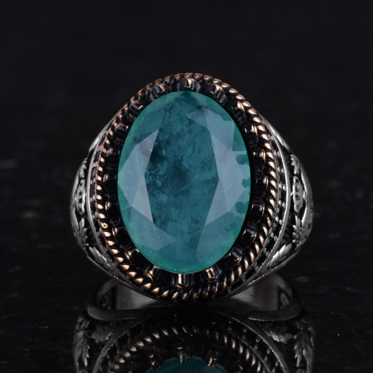 925 Sterling Silver Ring, Artificial Stone Ring, Eagle Symbol Ring, Handcrafted Ring (Artificial Green Paraiba) — 4
