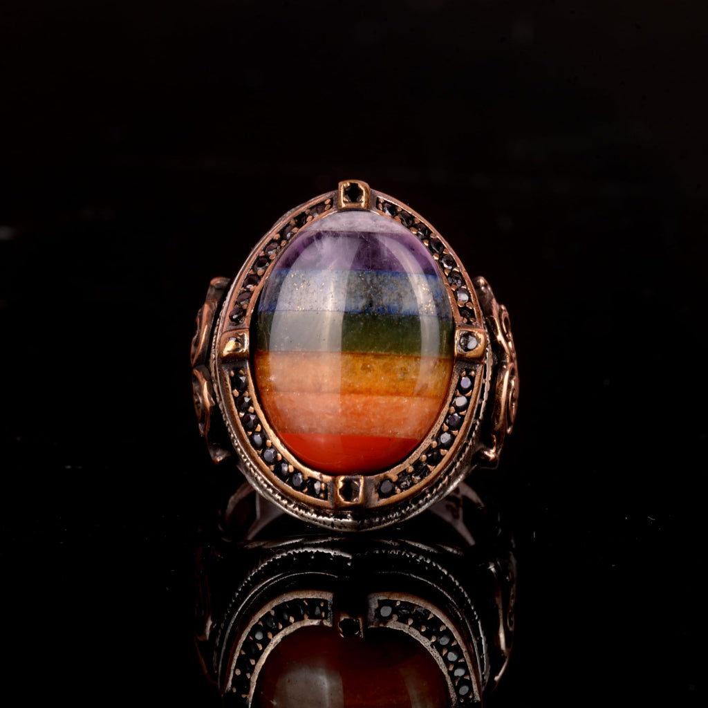 Rainbow Natural Silver Ring with 7 Different Stones, 925 Sterling Silver Men's Ring, Multi-Colored Silver Ring — 2