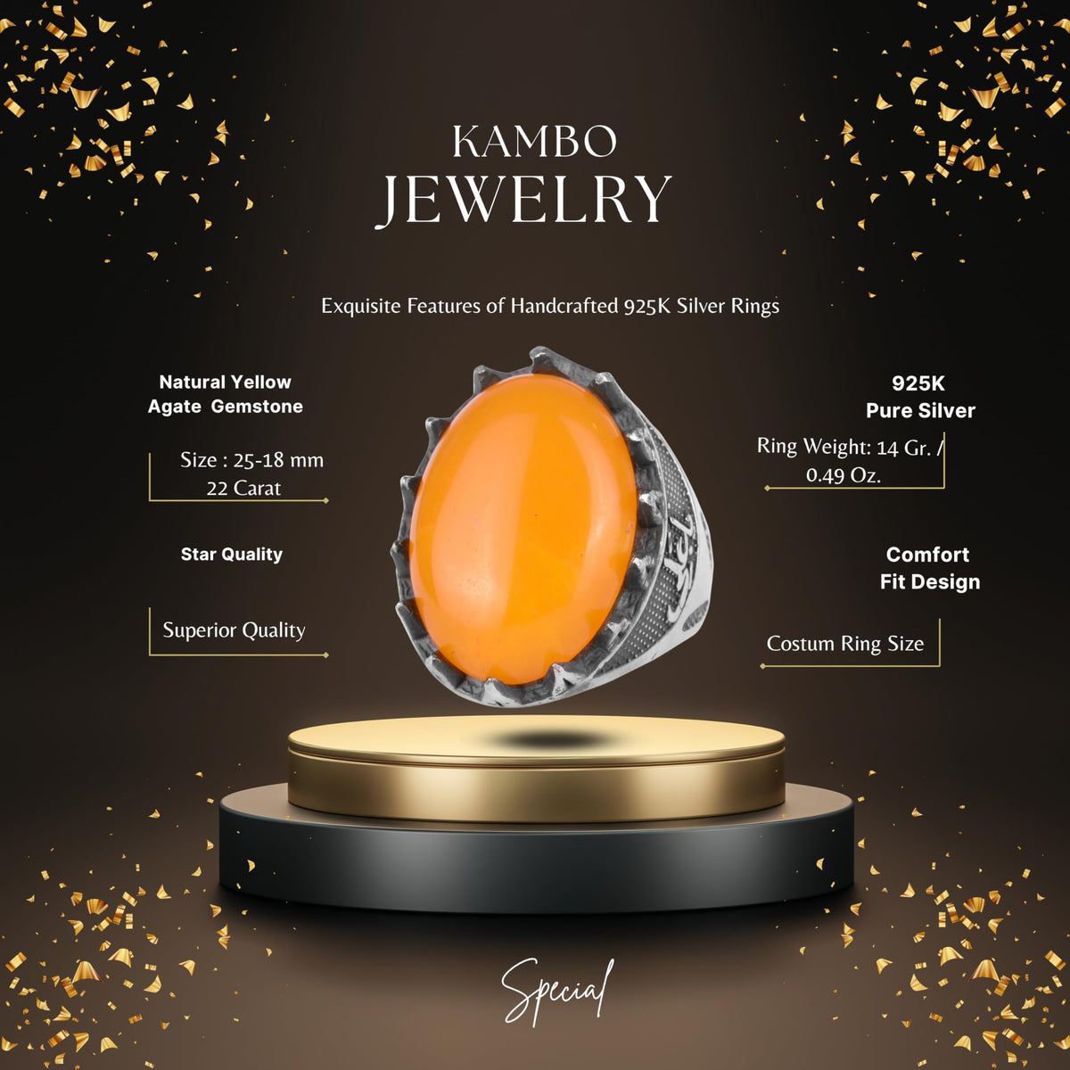 KAMBO Natural Stone Men's Large Ring – 925 Sterling Silver Ottoman Sword Motif Signet Ring (Yellow Agate) — 2