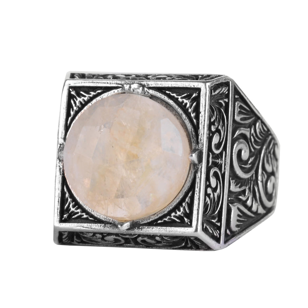 KAMBO Natural Round Stone Square Men's Ring 925 Sterling Silver – Ottoman Pattern Handmade Stone Ring (Rutilated Golden Quartz)