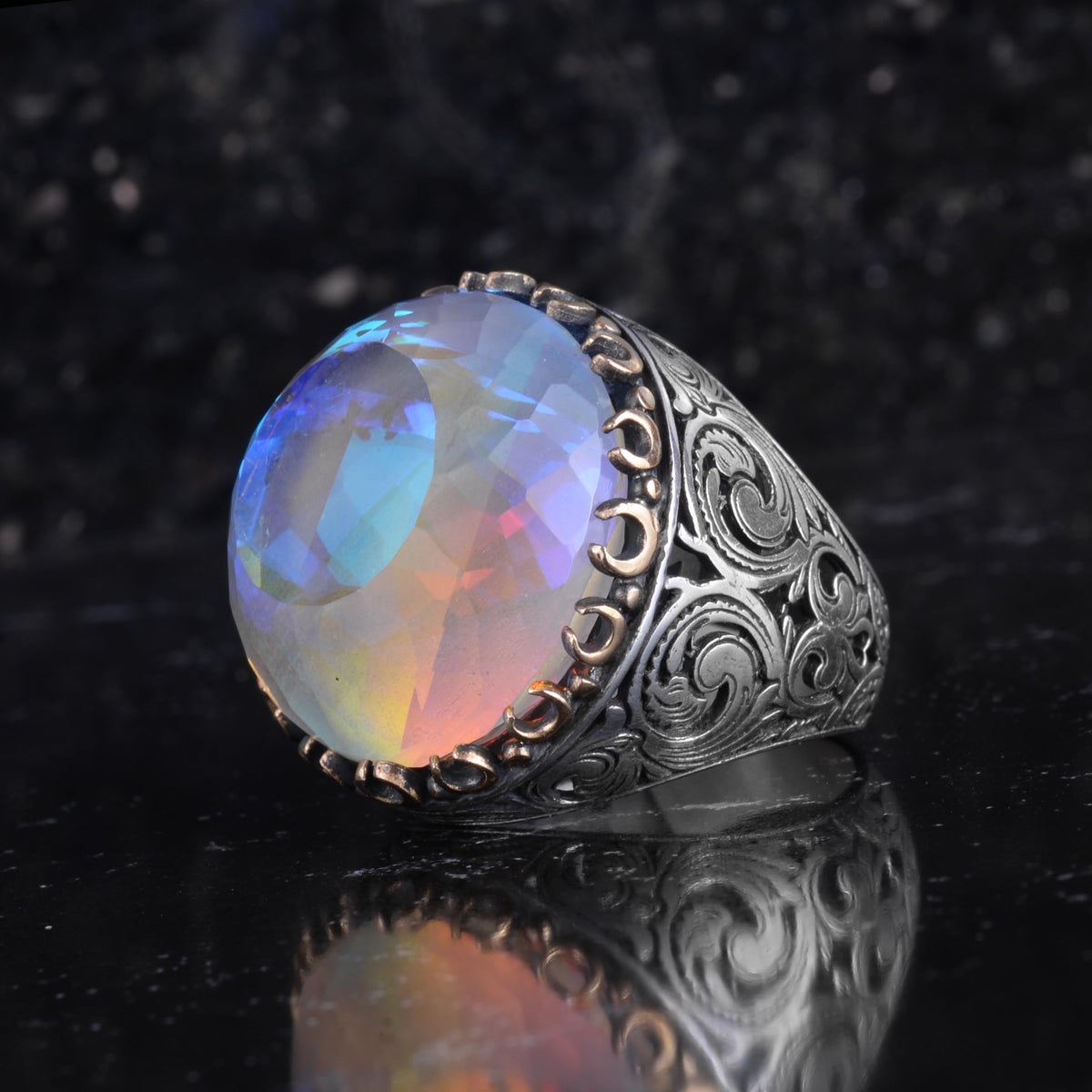 KAMBO Natural Mystic Topaz Round Large Men's Ring – Certified Mystic Topaz Stone – 925 Sterling Silver Handmade Statement Ring – Vintage Ottoman Style Men's Jewelry — 5