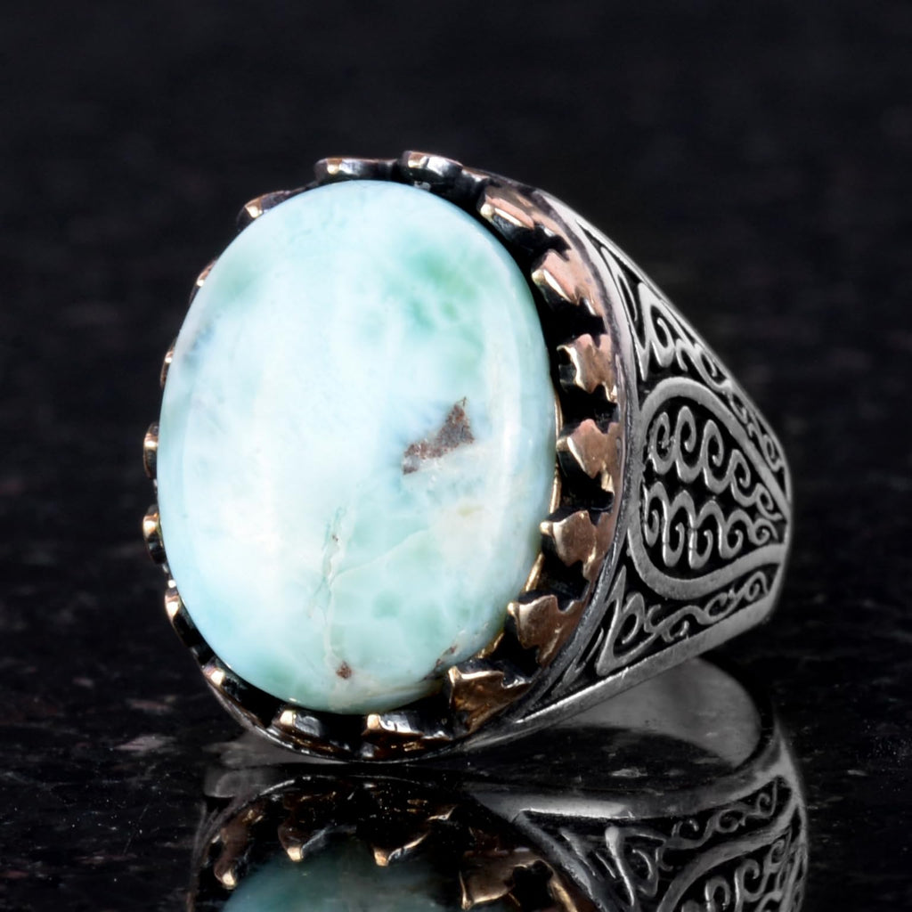 925 Sterling Silver Men's Ring - Handmade Elegance with Natural Larimar Stone — 4