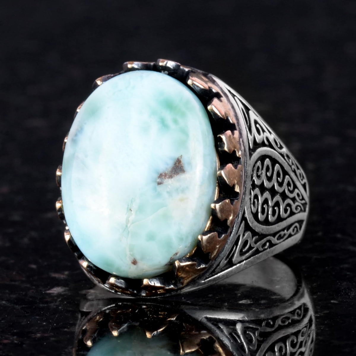 925 Sterling Silver Men's Ring - Handmade Elegance with Natural Larimar Stone — 4