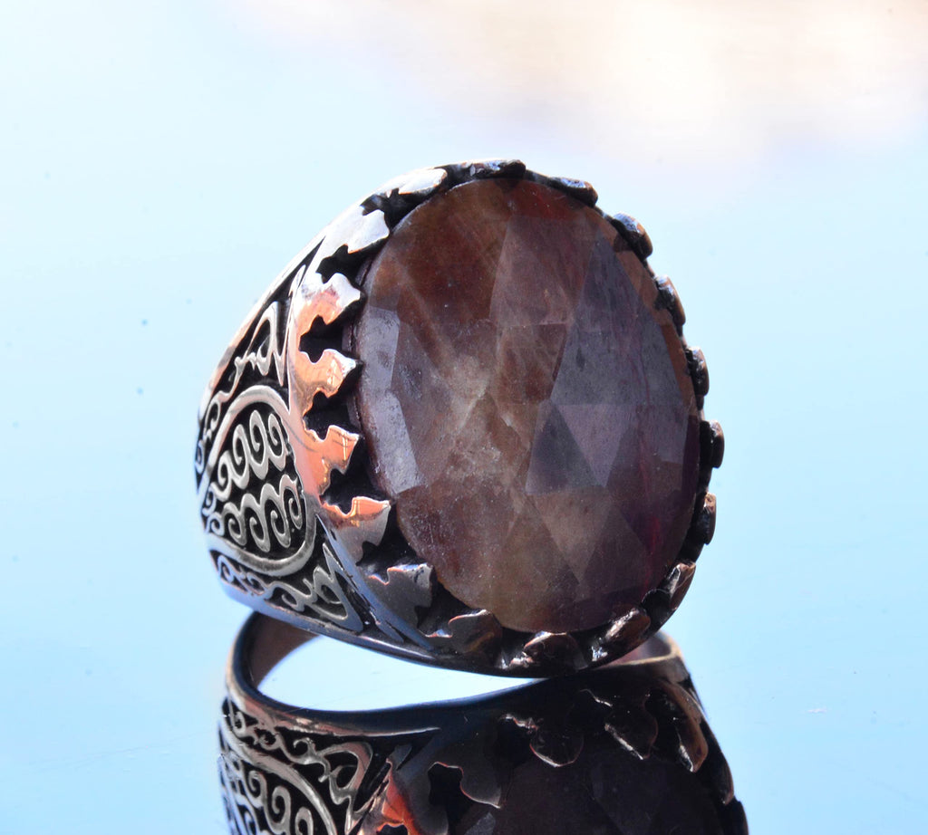 Natural Sapphire Oval Stone Ring - Silver Men's Ring — 5