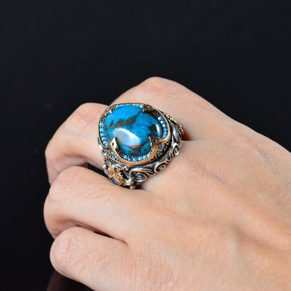 Men's Ring, Natural Azurite Stone Ring, 925 Sterling Silver — 6