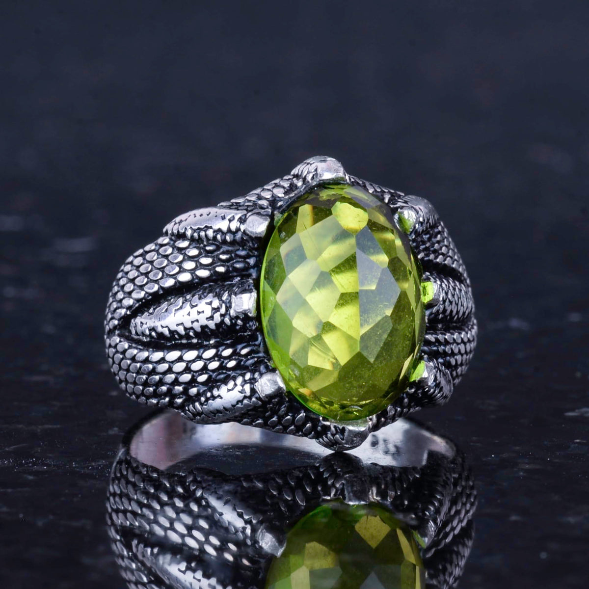 Silver Claw Ring with Synthetic Peridot Stone — 5