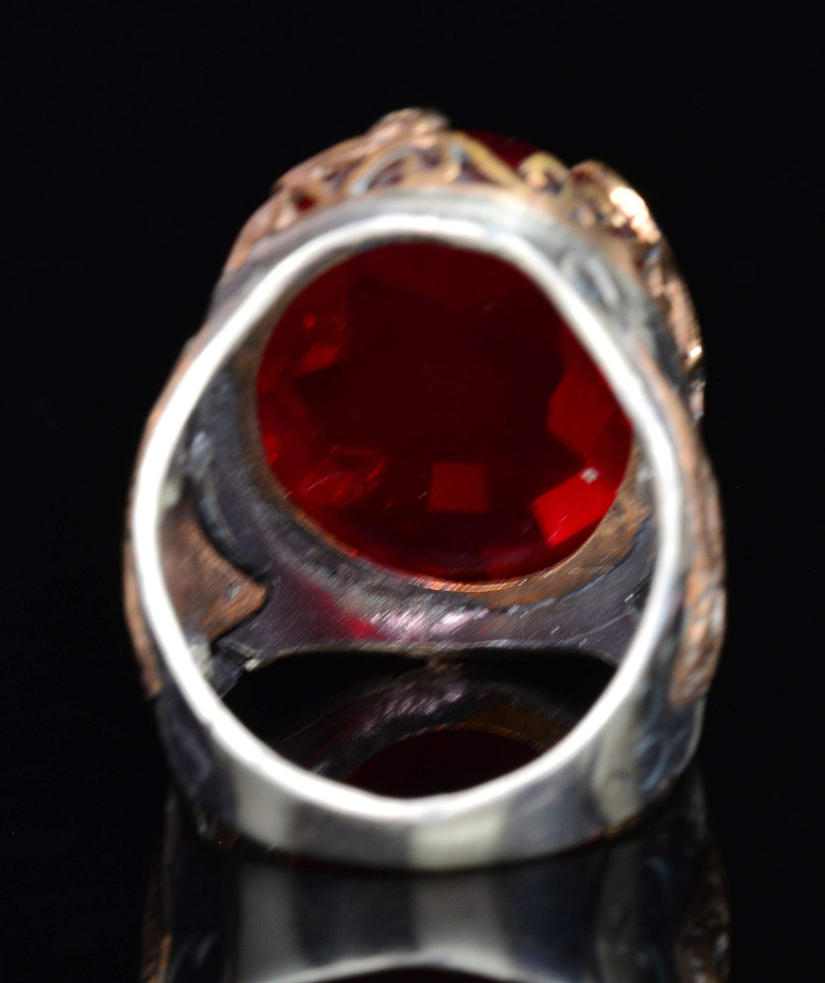 KAMBO Eastern Pattern 925 Sterling Silver Men's Ring - Synthetic Garnet Stone Vav Ring — 5