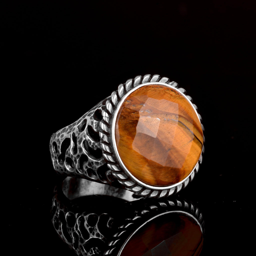 Natural Tiger's Eye Stone Ring, 925 Sterling Silver Men's Ring — 4