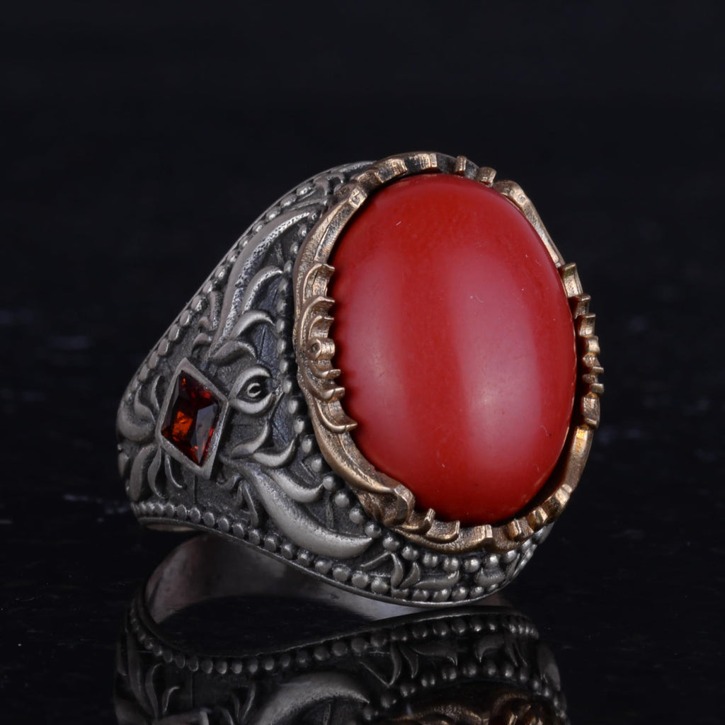 Artificial Stone Ring - Handmade Men's Ring - Stylish 925 Sterling Silver Men's Jewelry (Artificial Coral) — 5