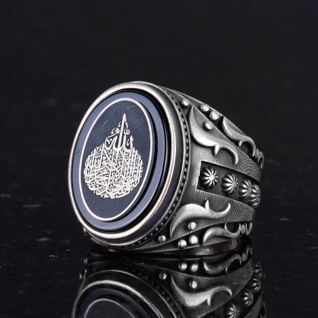 Silver Men's Ring with Natural Onyx Stone - Ayat al-Kursi Design Ring — 5