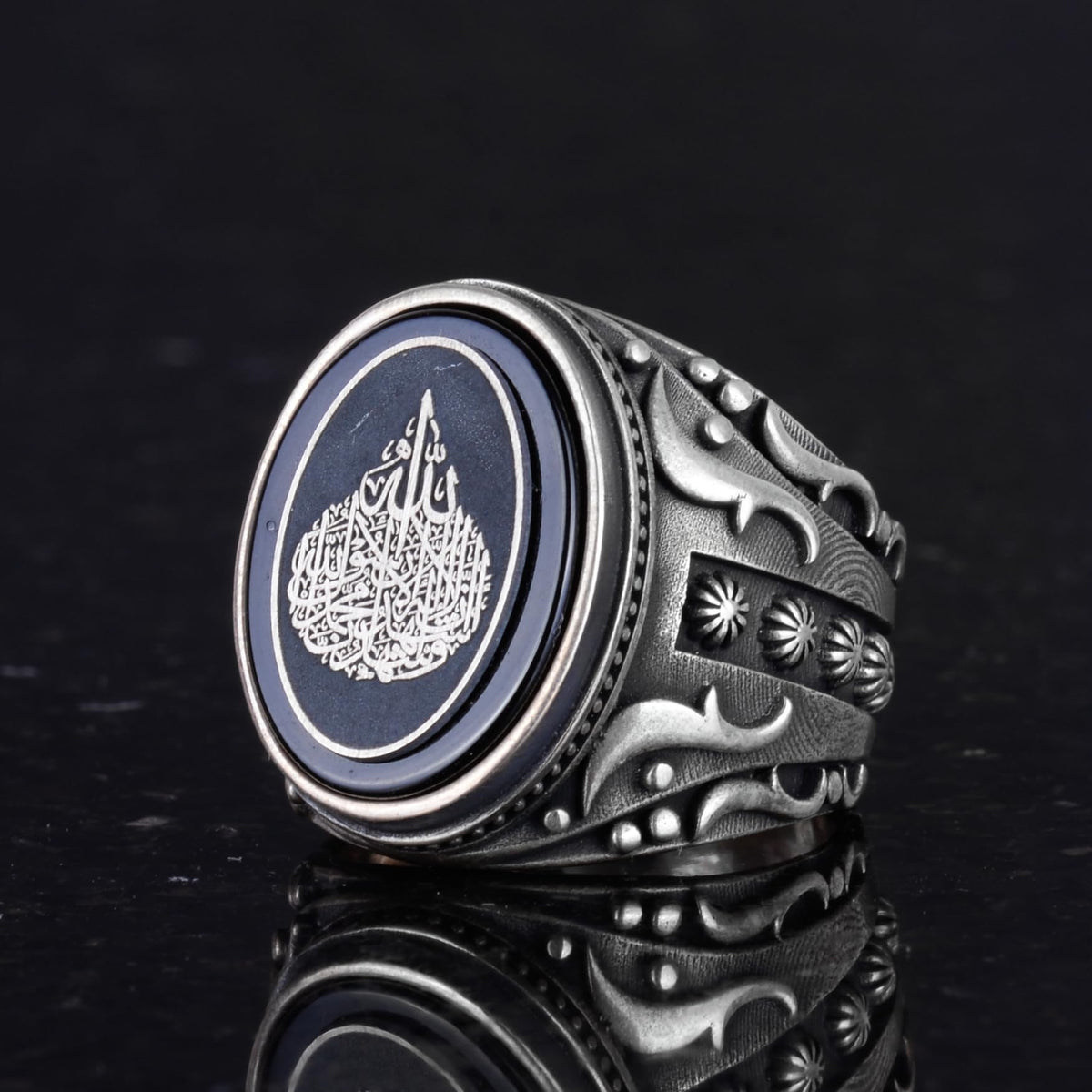 Silver Men's Ring with Natural Onyx Stone - Ayat al-Kursi Design Ring — 5