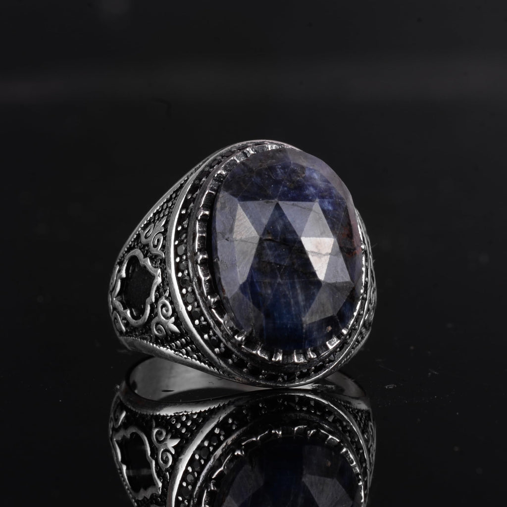 KAMBO Natural Sapphire Men's Ring – 925 Sterling Silver Oval Handmade Stone Statement Ring (Sapphire-2) — 6
