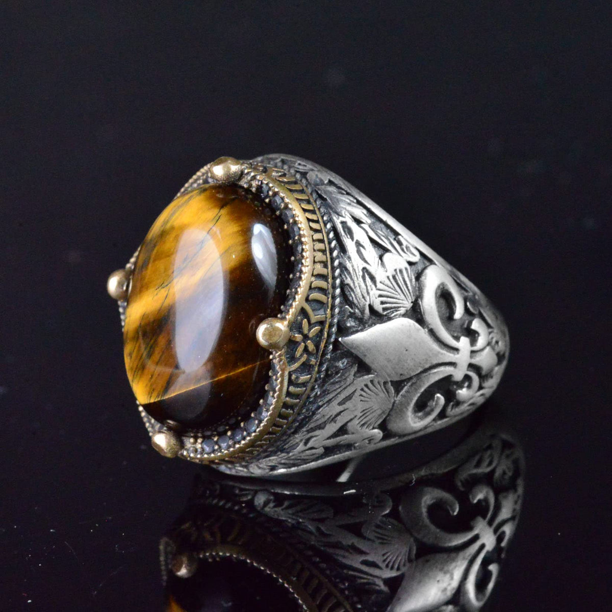 Lily Patterned Silver Ring - 925 Sterling Silver Handmade Men's Jewelry (Tiger Eye) — 3