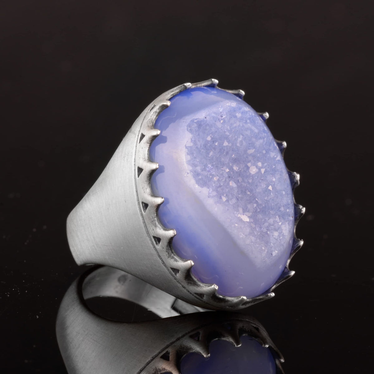 Silver Men's Ring Drusy Quartz Natural Stone — 3