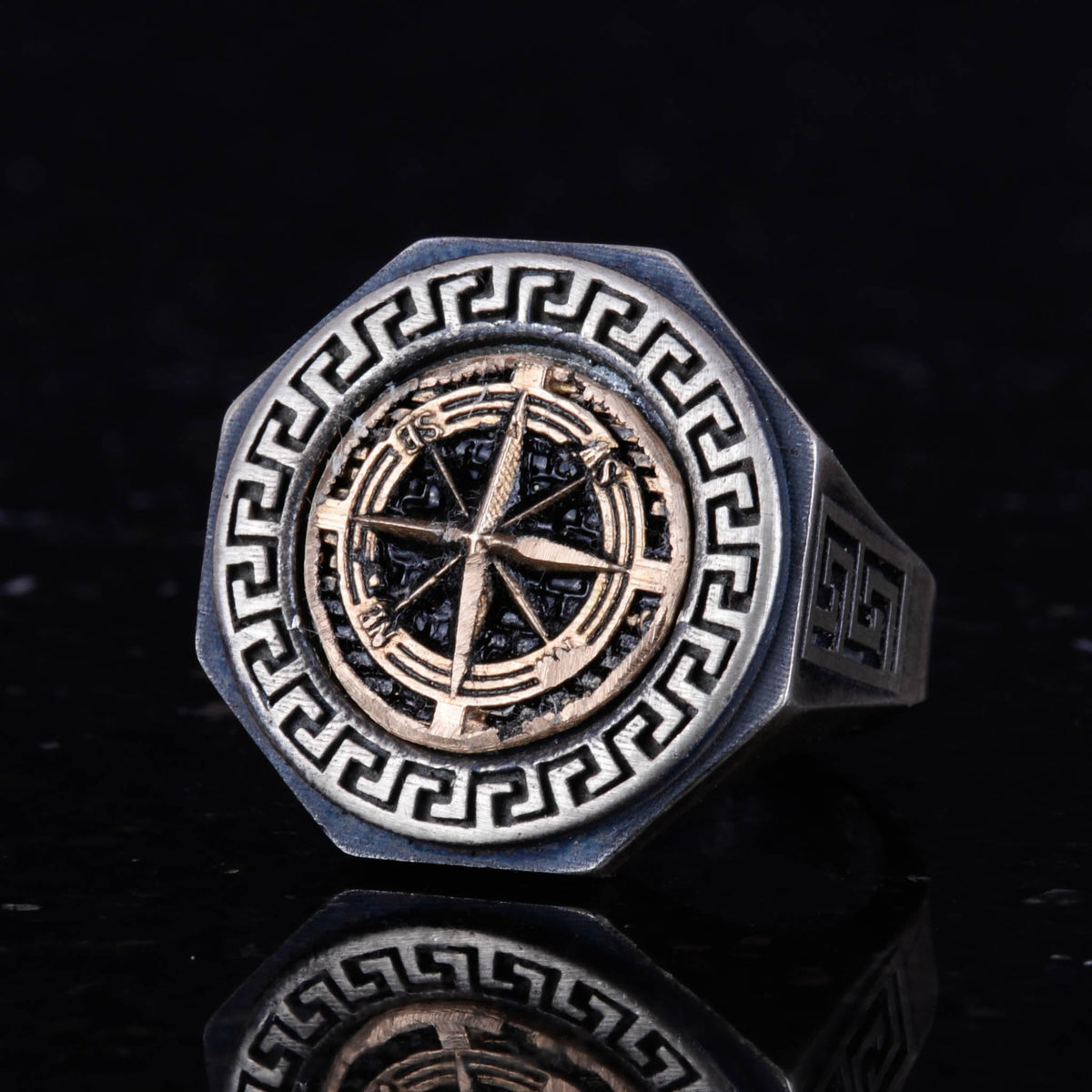 925 Sterling Silver Ring - Greek Key Design Men's Ring - Handmade Ring (Compass) — 6