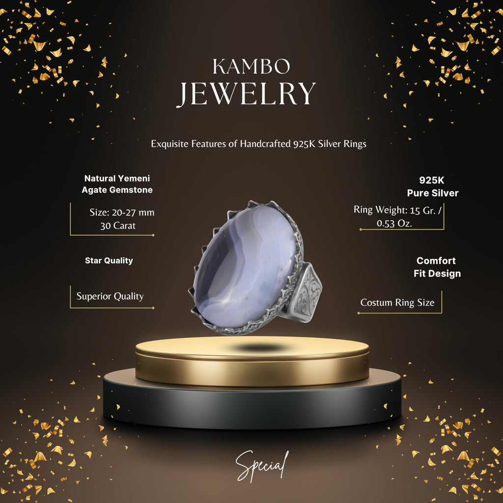 KAMBO Handmade Men's Ring with Natural Yemen Agate Stone – 925 Sterling Silver Statement Ring – Gray Band Aqeeq Stone Vintage Ottoman Style Masculine Jewelry — 2