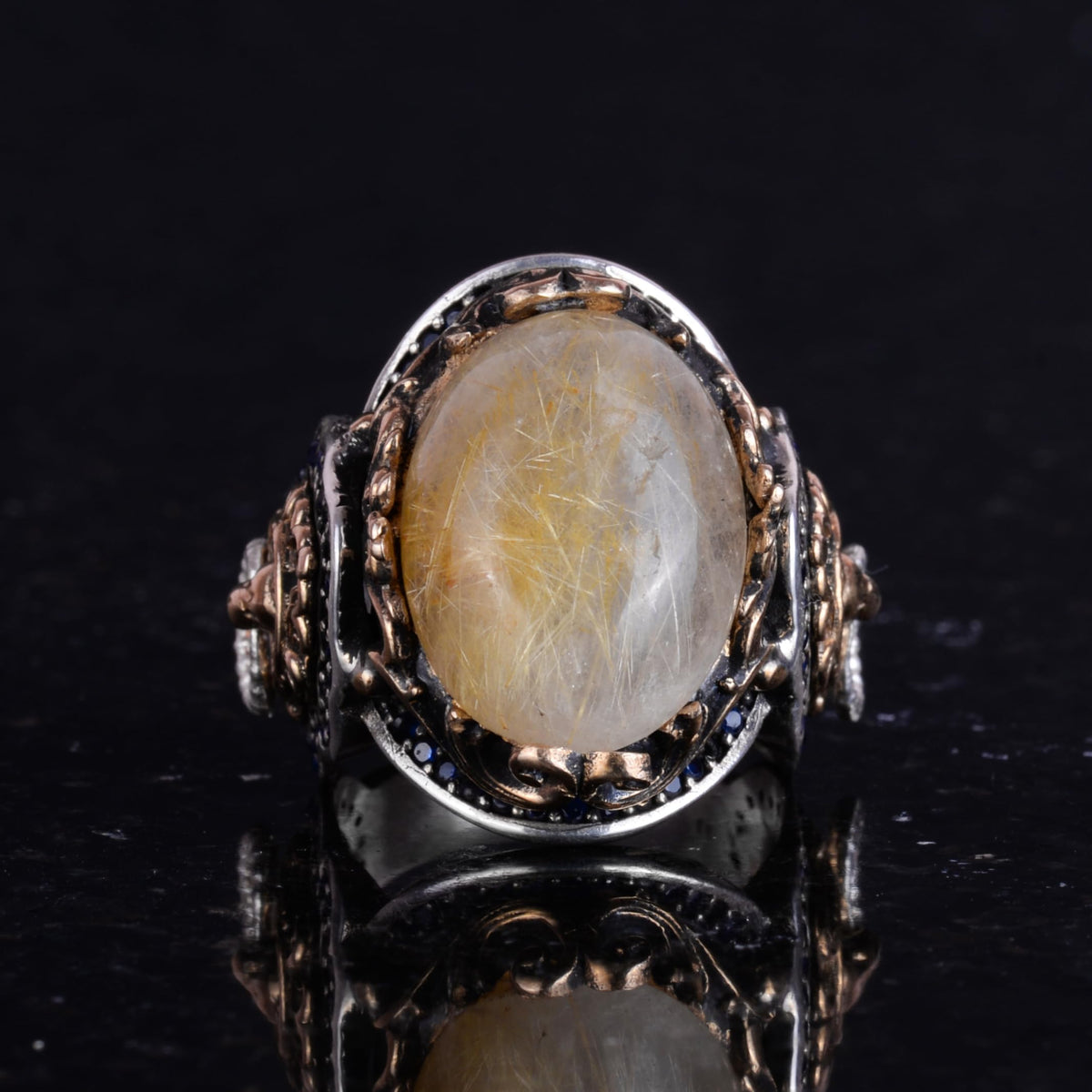 Natural Cabochon Gold Rutile Quartz Stone Ring - 925 Sterling Silver Men's Ring — 4