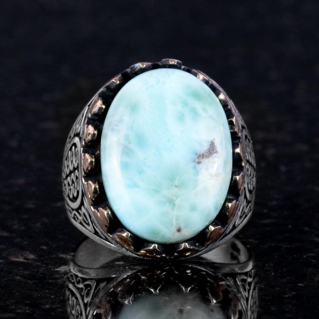 925 Sterling Silver Men's Ring - Handmade Elegance with Natural Larimar Stone — 5