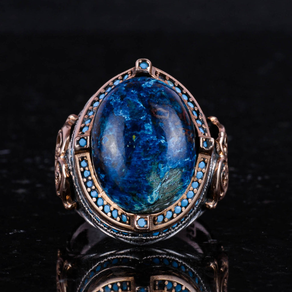 925 Sterling Silver Ring with Natural Azurite Stone, Handmade Men's Ring, Vintage Design — 4