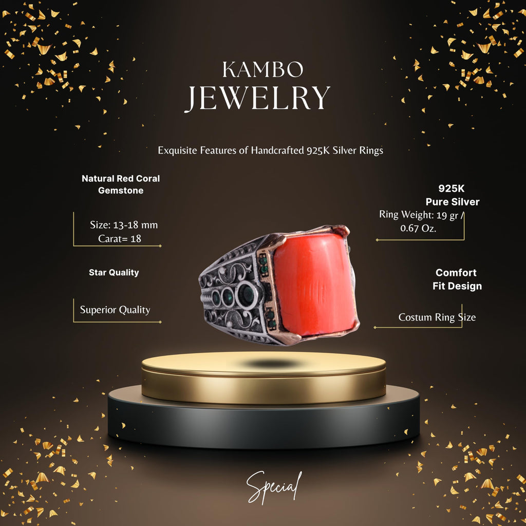 KAMBO Natural Red Coral Stone Men's Ring - 925 Sterling Silver Ring - Handmade Coral Stone Ring - Vintage Ottoman Style Men's Jewelry — 2