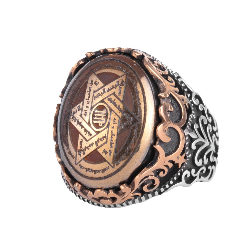 KAMBO Hematite Star of David Men's Ring 925 Sterling Silver – Engraved Seal of Solomon Handmade Vintage Religious Ring