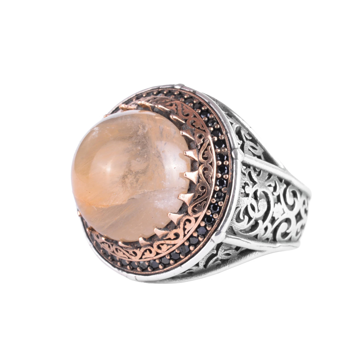 KAMBO Stone 925 Sterling Silver Men's Round Ring with Bronze Detail Vintage Ottoman Style Handmade Silver Ring (Rutilated Quartz)