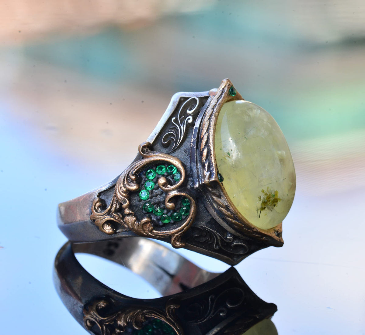 925 Sterling Silver Men's Ring with Natural Prehnite Stone, Ottoman Style Ring, Green Prehnite Stone — 3