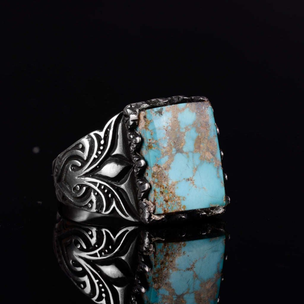 KAMBO Natural Turquoise Stone Square Ring – Vintage Carved Design 925 Sterling Silver Men's Statement Jewelry (Style-1) — 5