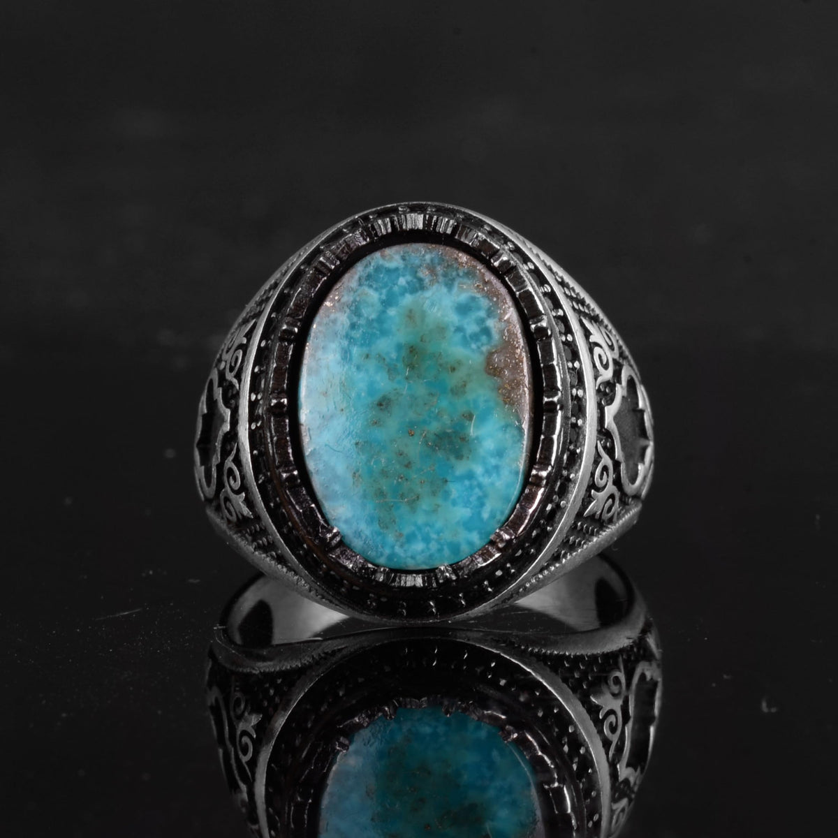 KAMBO Natural Turquoise Stone 925 Sterling Silver Men's Ring - Seljuk Figure Pattern Vintage Statement Jewelry (Style-3) — 4
