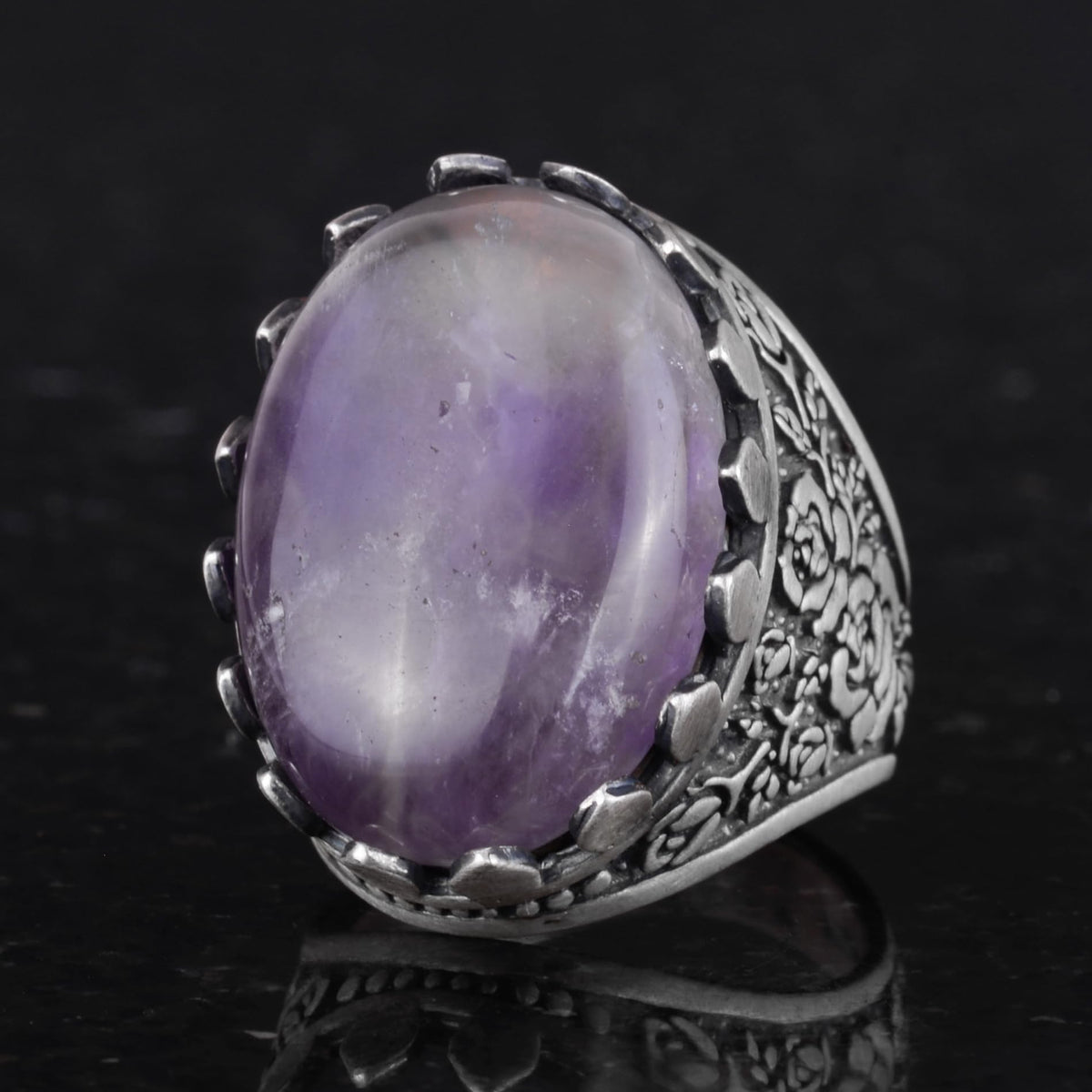 Natural Amethyst Stone Ring - Rose Pattern 925 Sterling Silver Ring — 6