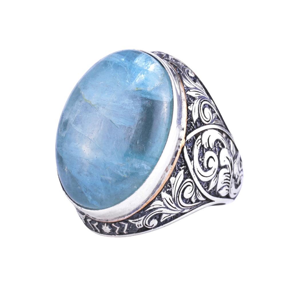KAMBO Natural Aquamarine Stone Large Men's Ring - Oval Stone Vintage Floral Engraved Statement Ring - 925 Sterling Silver Handmade Men's Jewelry