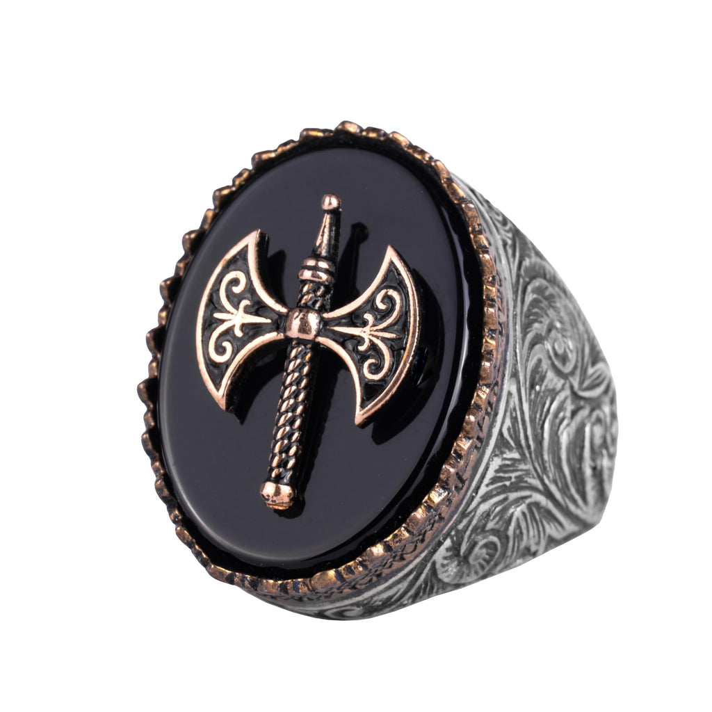 KAMBO Natural Stone 925 Sterling Silver Men's Ring – Large Oval Stone Symbolic Statement Ring (Onyx-2)